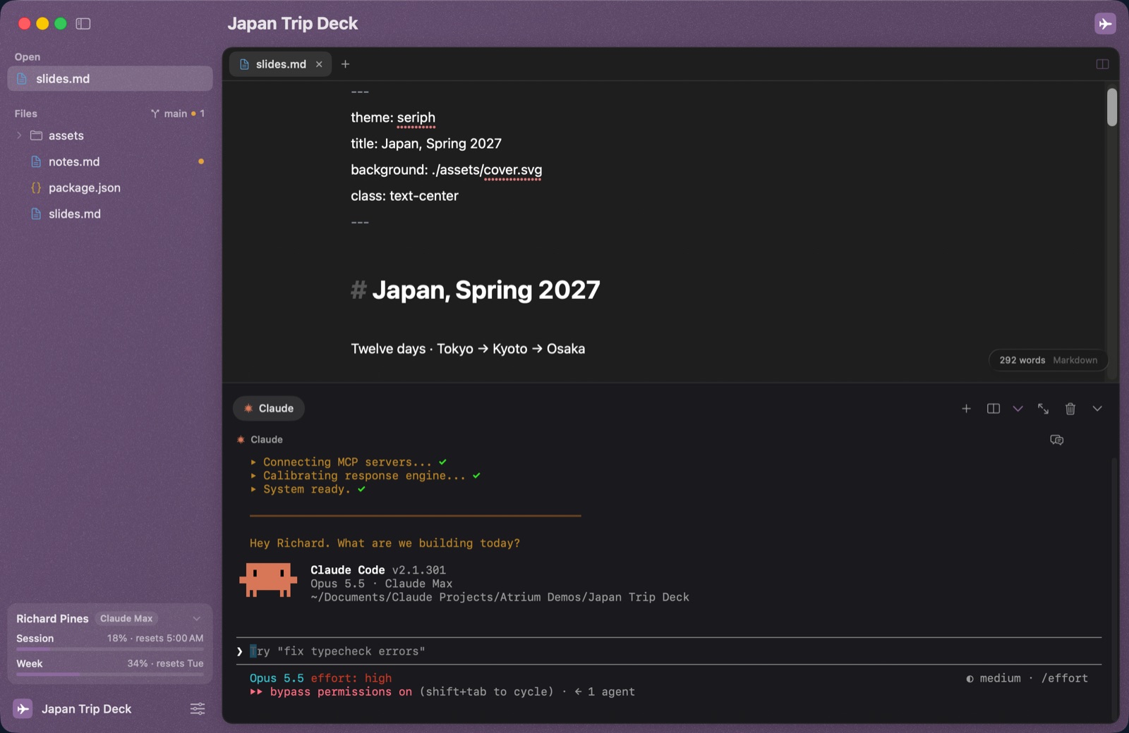 Atrium with the Japan Trip Deck project open in its own plum window, with its slides and Claude.
