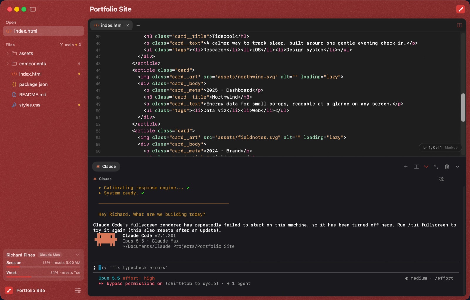 Atrium with the Portfolio Site project open in its own red window: files, code, the site in a browser tab and Claude in the console.