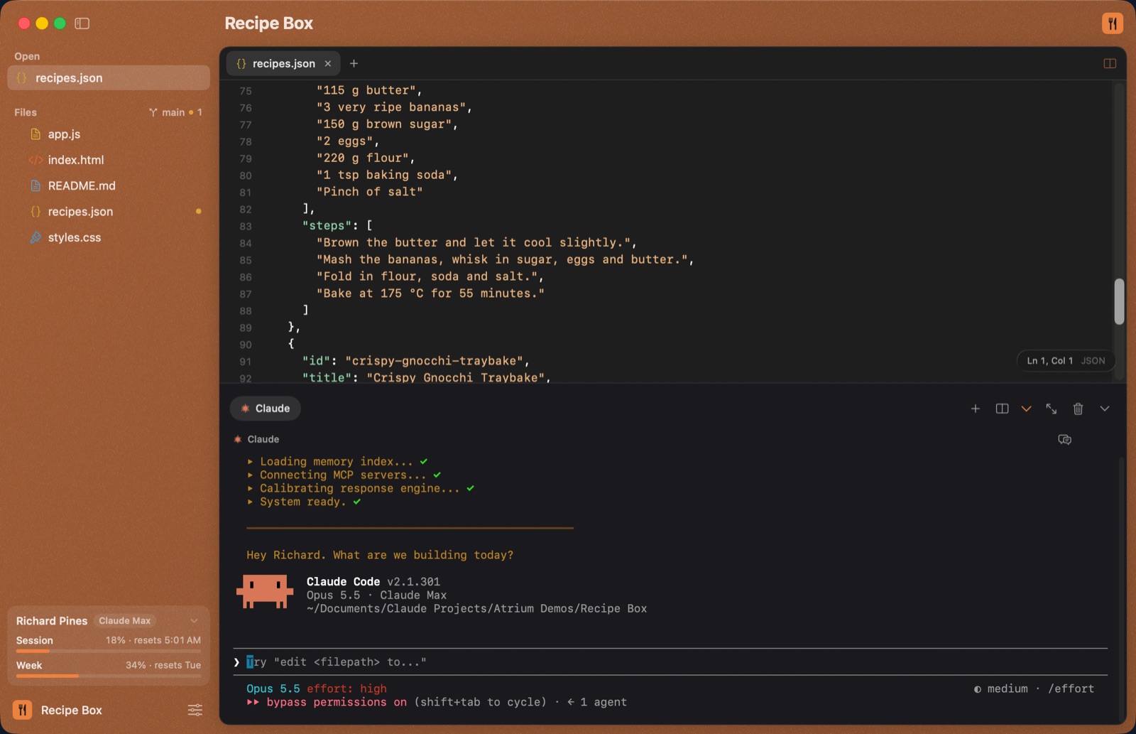 Atrium with the Recipe Box project open in its own tangerine window, with its files, code and Claude.