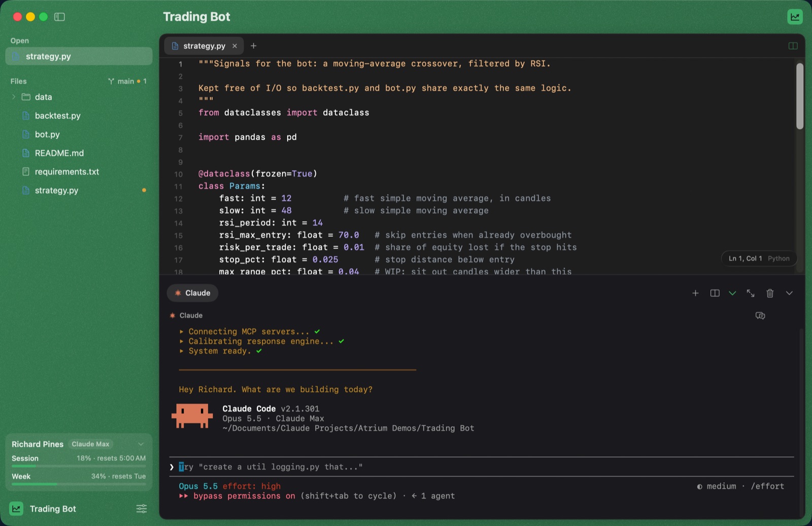 Atrium with the Trading Bot project open in its own mint window, with its files, code and Claude.